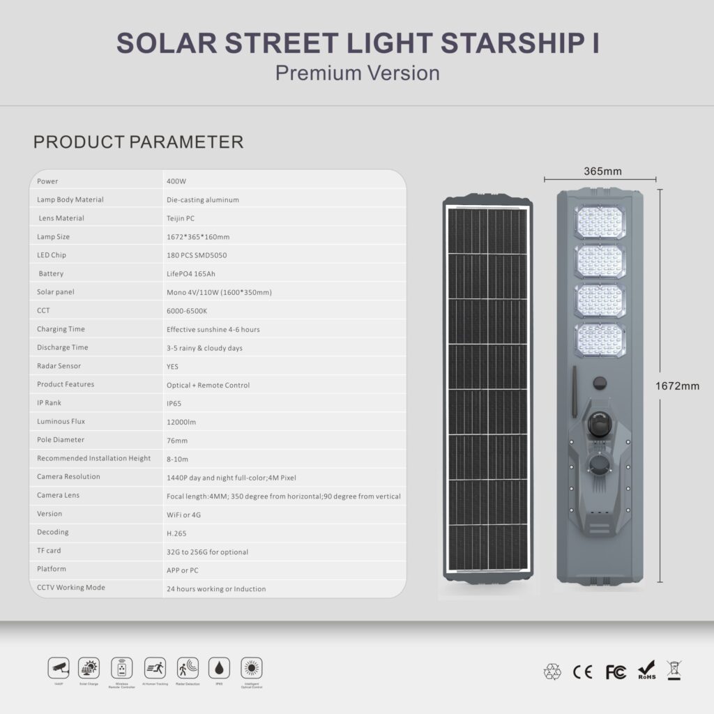 400w solar powered street light (project module) + inbuilt hybrid 4g solar ptz camera