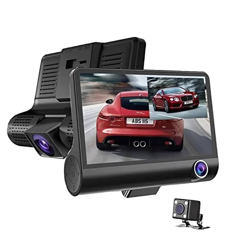 3 channel car dash cam with front & rear view cameras, 140° wide angle, 1080p dvr loop recording, motion detection and parking mode