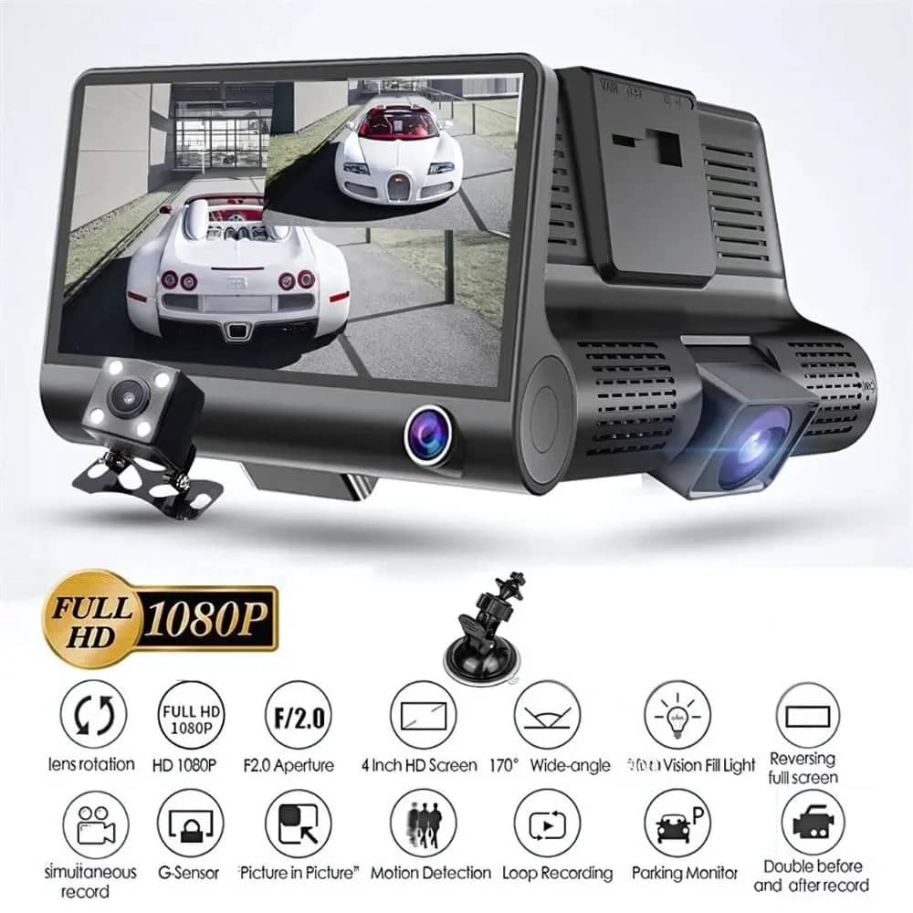 3 channel car dash cam with front & rear view cameras, 140° wide angle, 1080p dvr loop recording, motion detection and parking mode