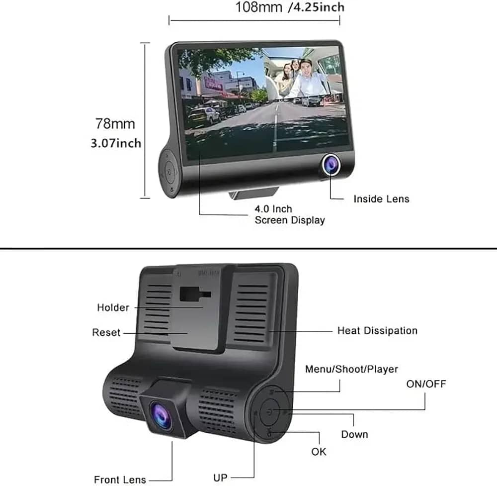 3 channel car dash cam with front & rear view cameras, 140° wide angle, 1080p dvr loop recording, motion detection and parking mode