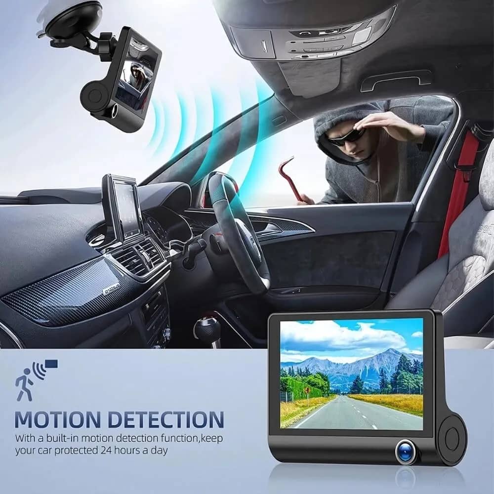 3 channel car dash cam with front & rear view cameras, 140° wide angle, 1080p dvr loop recording, motion detection and parking mode