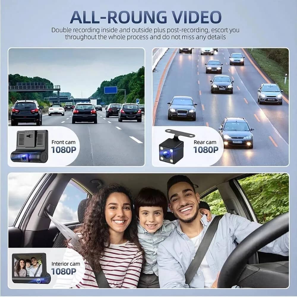 3 channel car dash cam with front & rear view cameras, 140° wide angle, 1080p dvr loop recording, motion detection and parking mode