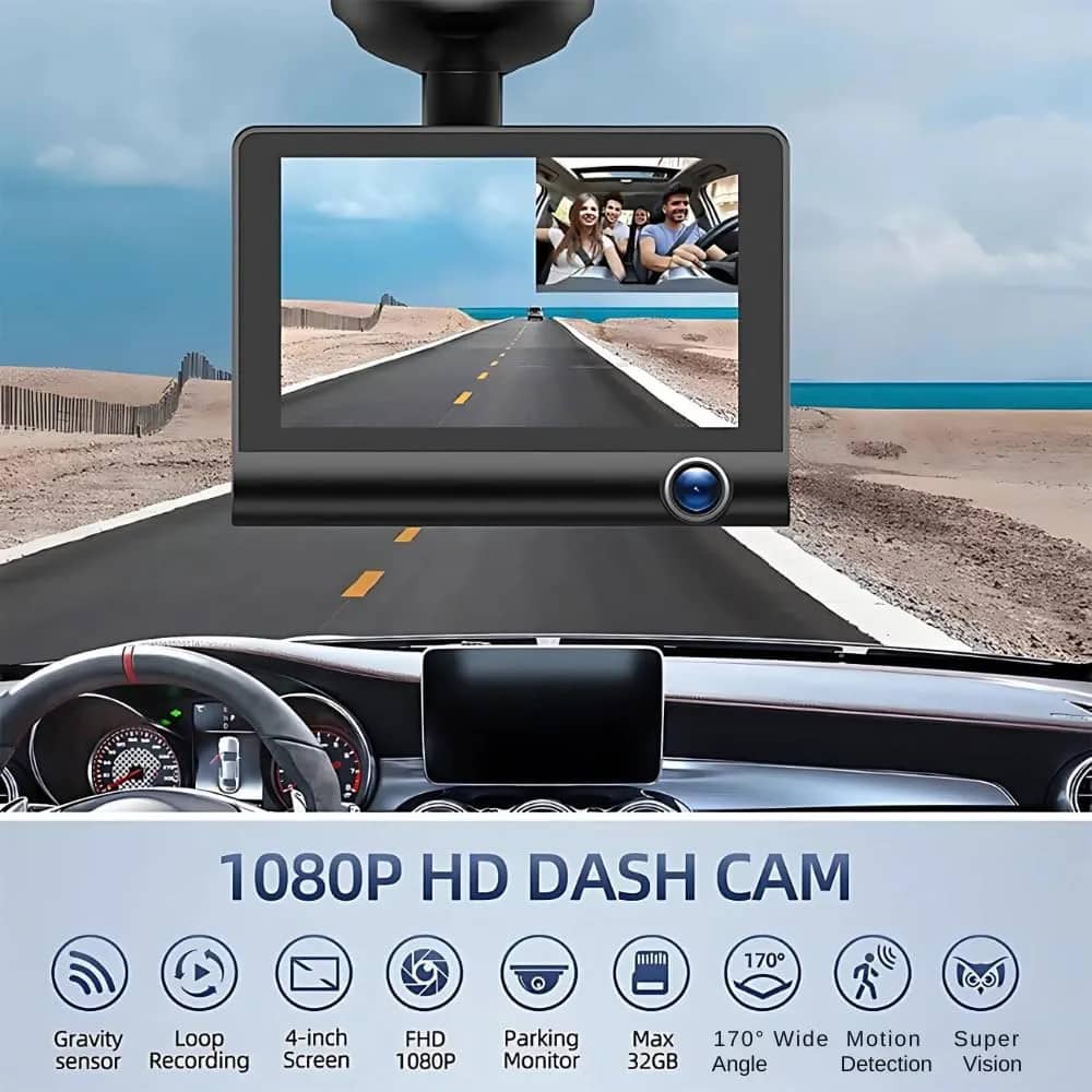 3 channel car dash cam with front & rear view cameras, 140° wide angle, 1080p dvr loop recording, motion detection and parking mode