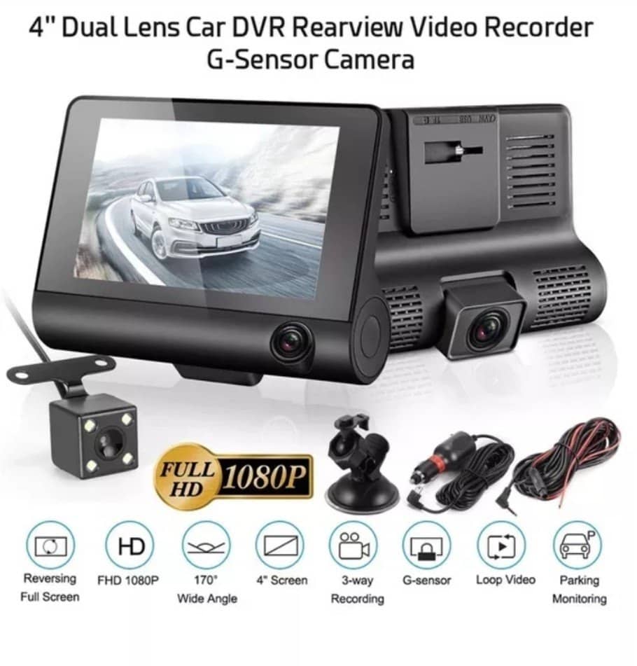 3 channel car dash cam with front & rear view cameras, 140° wide angle, 1080p dvr loop recording, motion detection and parking mode
