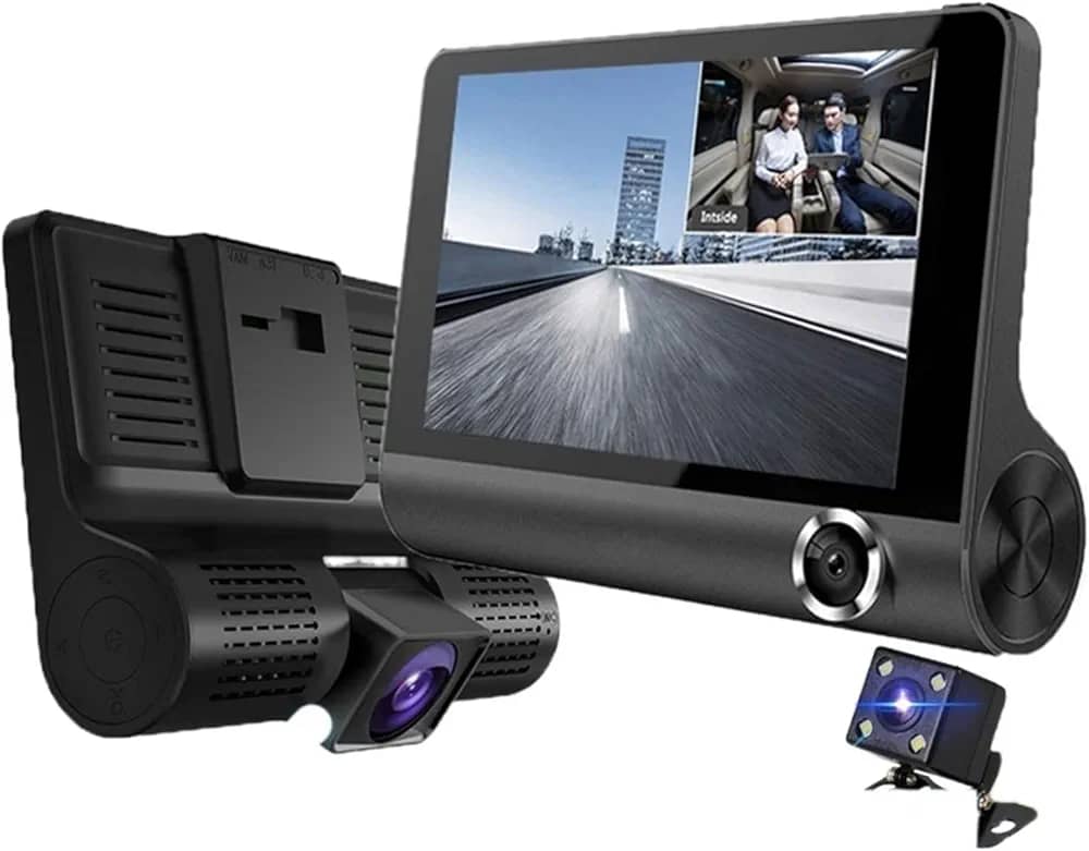 3 channel car dash cam with front & rear view cameras, 140° wide angle, 1080p dvr loop recording, motion detection and parking mode