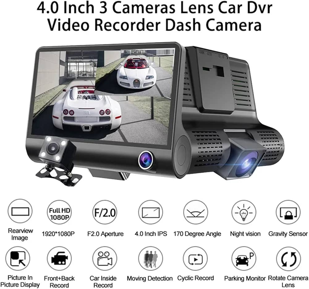 3 channel car dash cam with front & rear view cameras, 140° wide angle, 1080p dvr loop recording, motion detection and parking mode