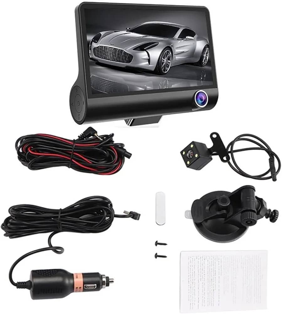 3 channel car dash cam with front & rear view cameras, 140° wide angle, 1080p dvr loop recording, motion detection and parking mode