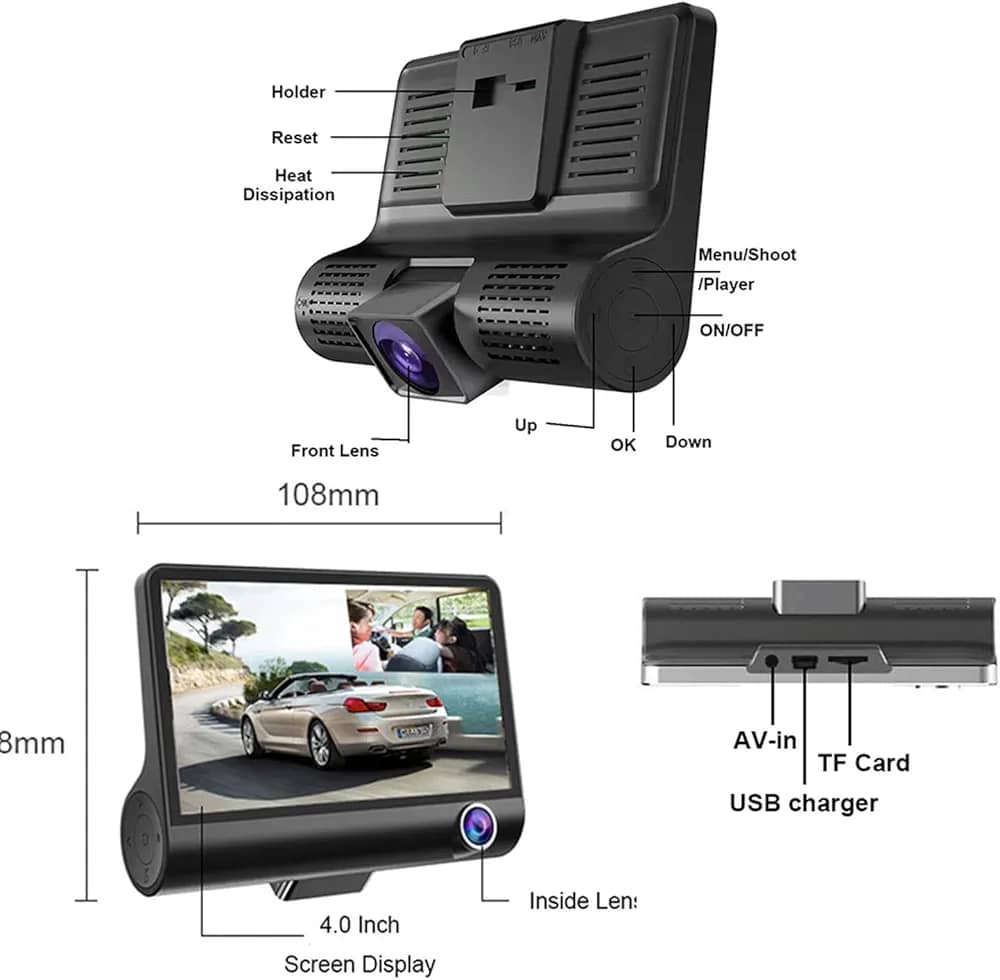 3 channel car dash cam with front & rear view cameras, 140° wide angle, 1080p dvr loop recording, motion detection and parking mode